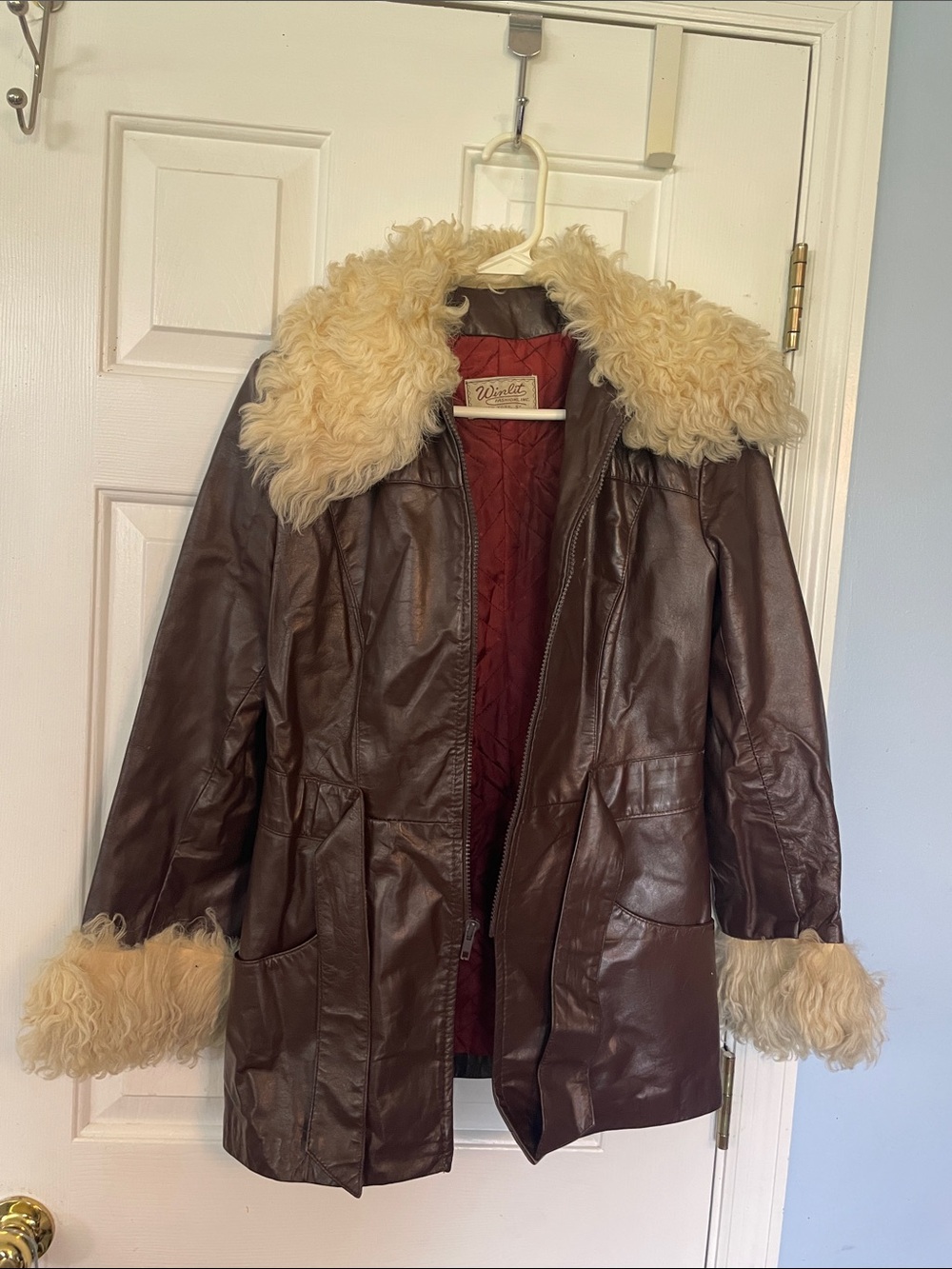 Winlit Brown Leather Jacket with Cream Shearling Collar & Cuffs